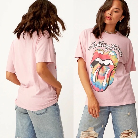Daydreamer Pink Rolling Stones Tie Dye Tongue Oversized Short Sleeve Shirt - Picture 2 of 13